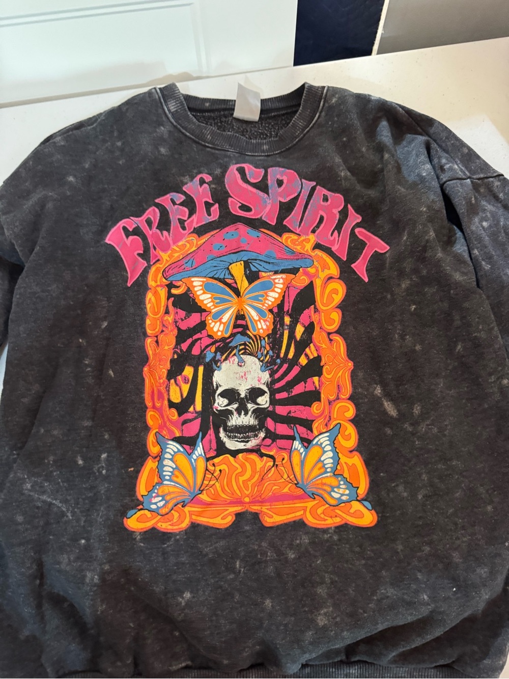 Free Spirit Graphic Sweatshirt - Black with Neon Butterfly Skull